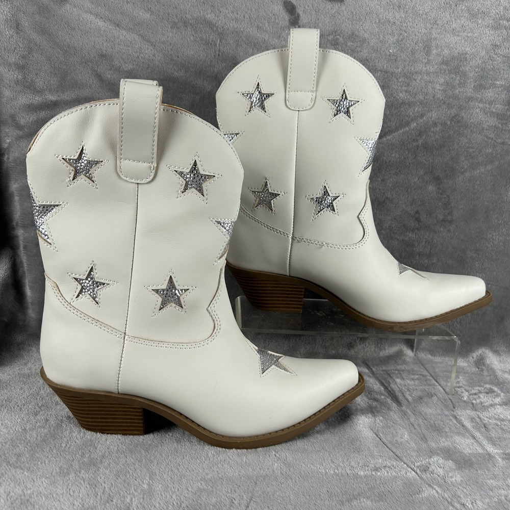 White Star Glitter Western Cowgirl Boots Womens 8M Festival Silver Stars Rodeo
